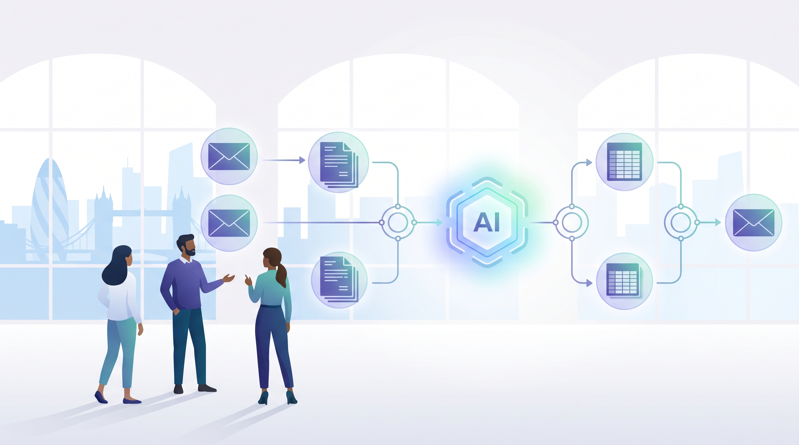 Repetitive business tasks flowing through automation into an AI hub, a UK AI automation agency at work
