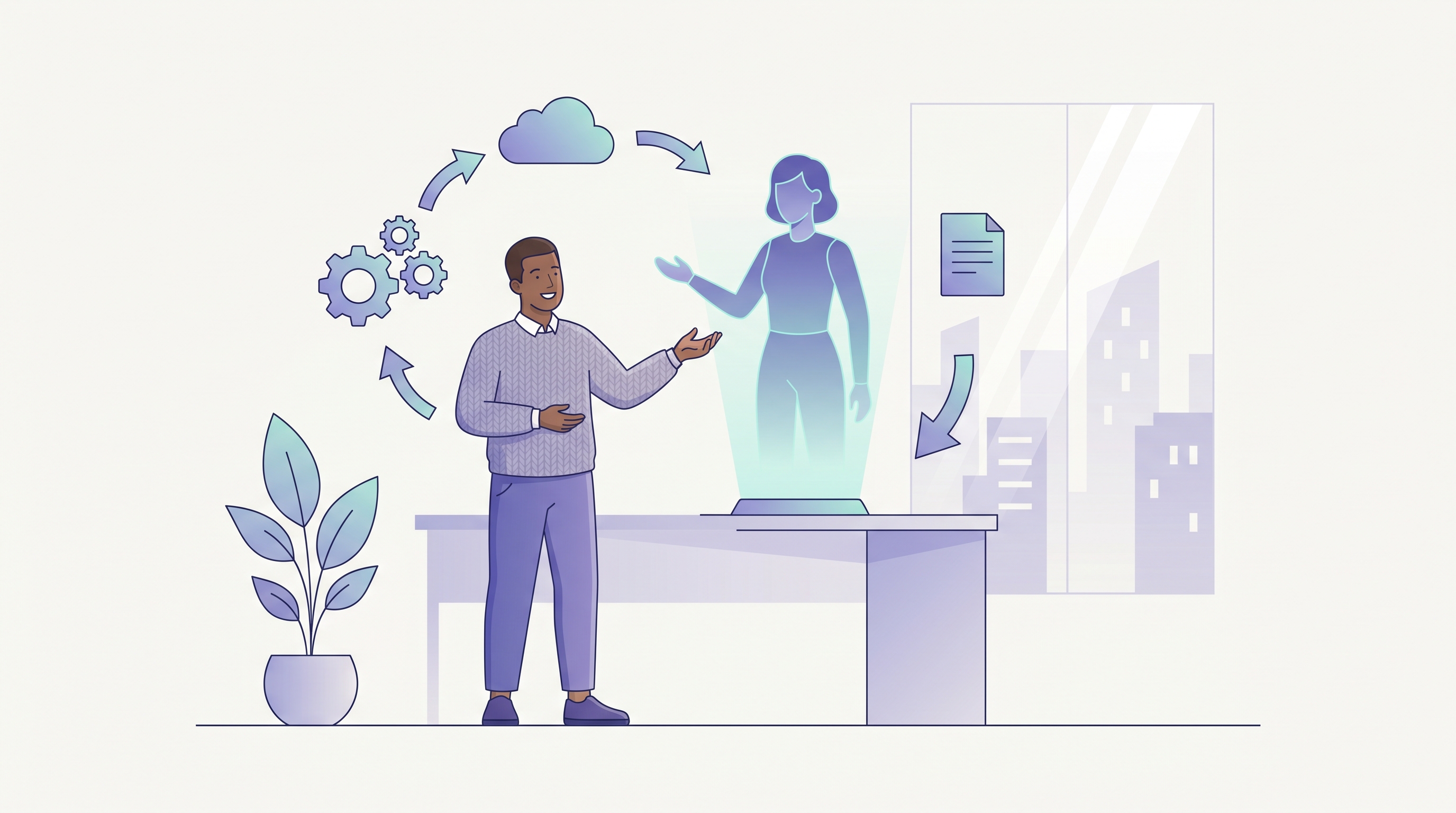 A UK small-business owner working with an AI assistant and workflow automation, AI consulting for small businesses