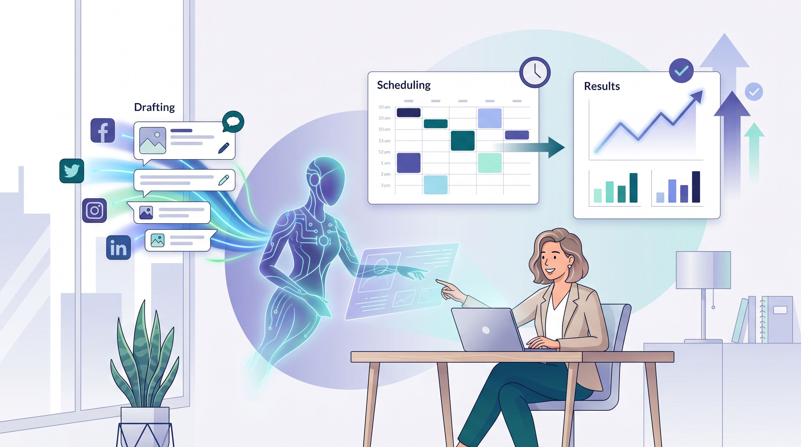A marketer working with an AI assistant that drafts and schedules social content, an AI marketing agency at work