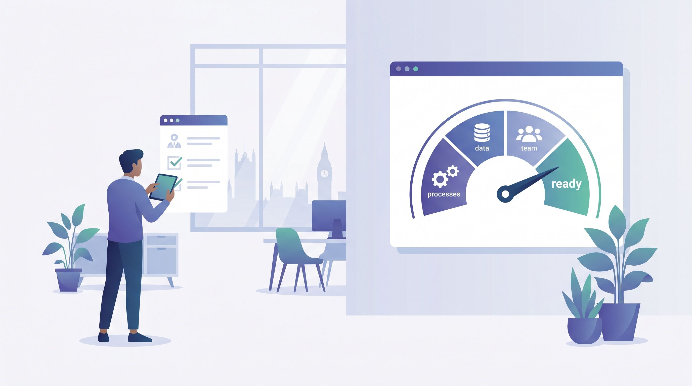 A business owner reviewing a checklist and a readiness gauge before adopting AI, an AI readiness assessment