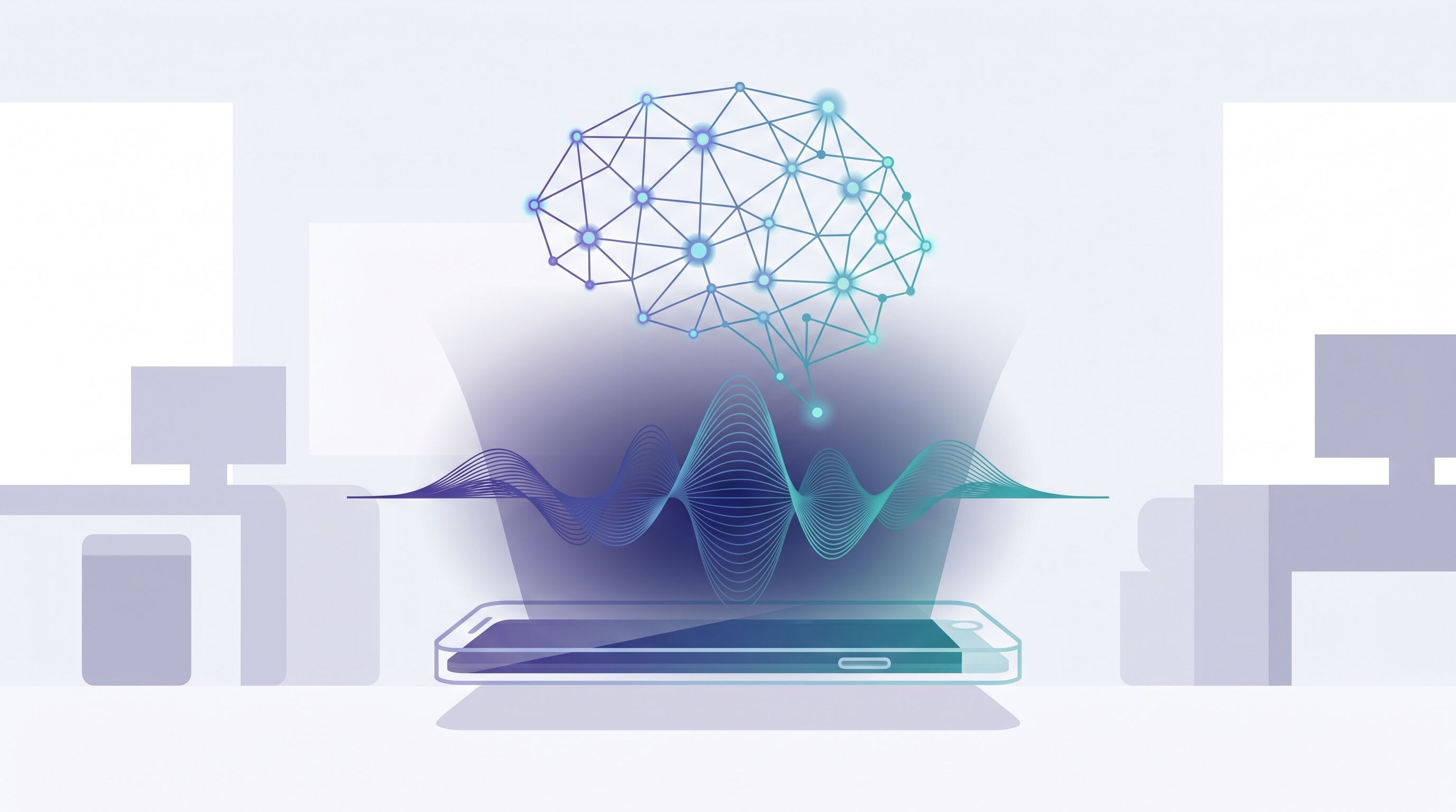 AI voice receptionist concept with phone, audio waveform and digital brain network — ai receptionist