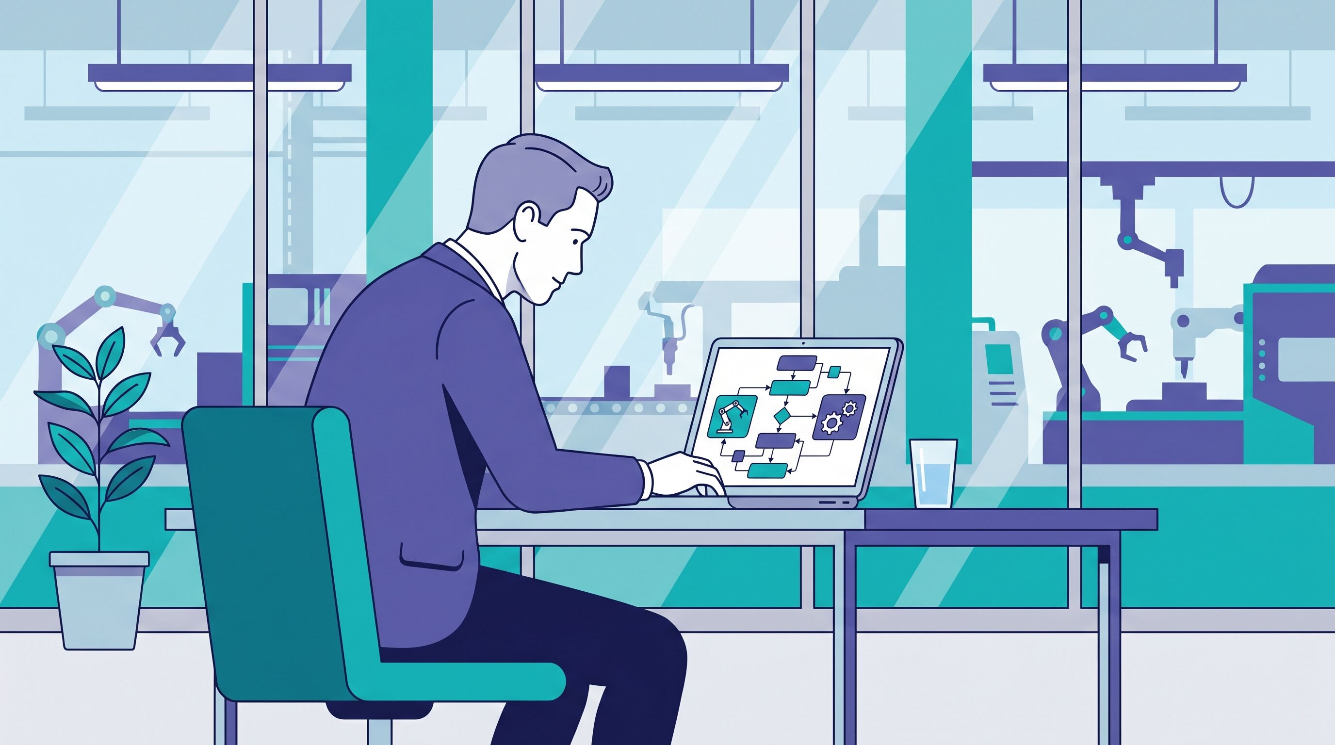 UK business owner reviewing automation workflows on a laptop in a manufacturing office — automation consulting