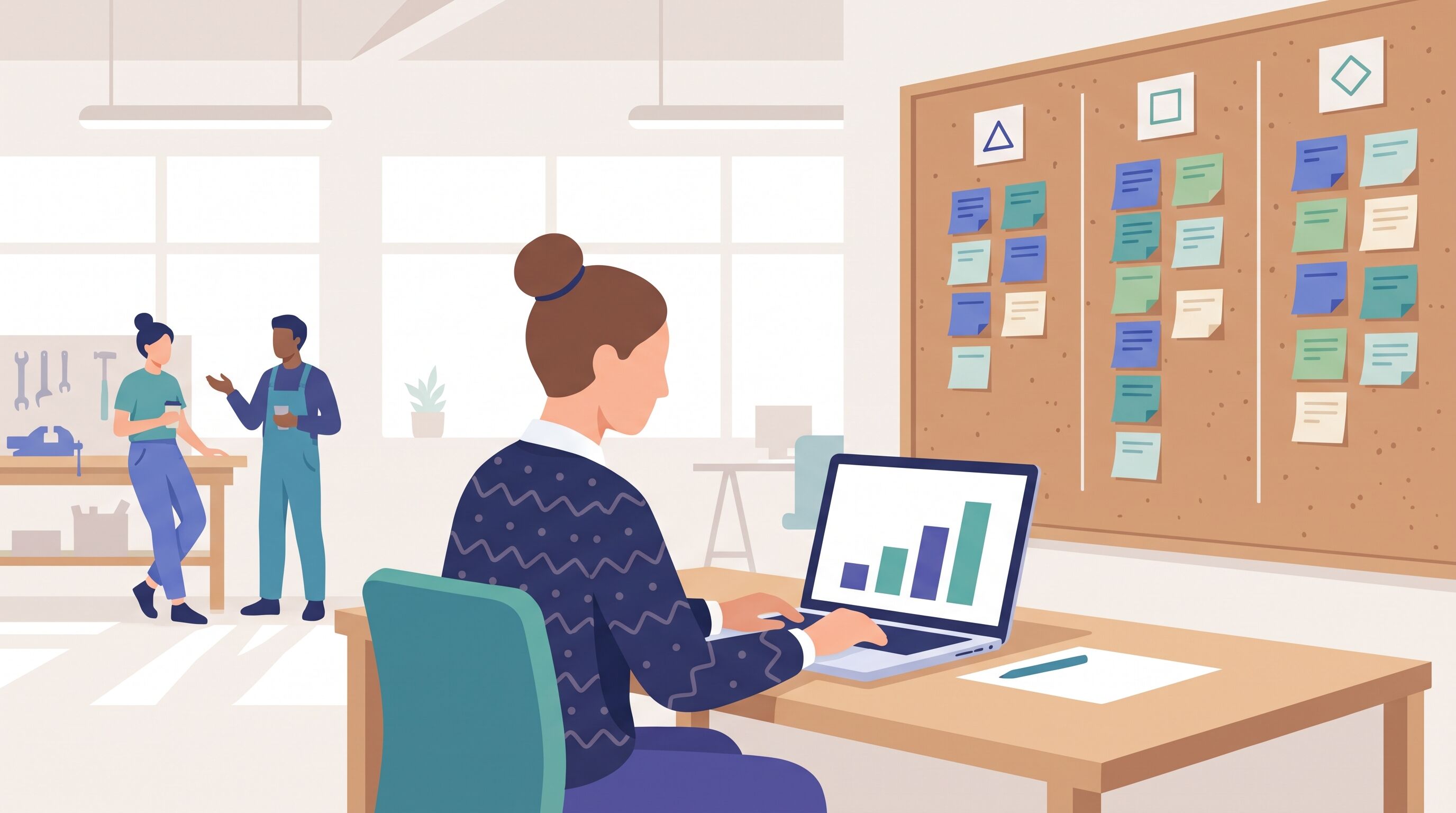 Small business owner checking a rising sales chart next to a board of grouped customer requests, how to grow a small business