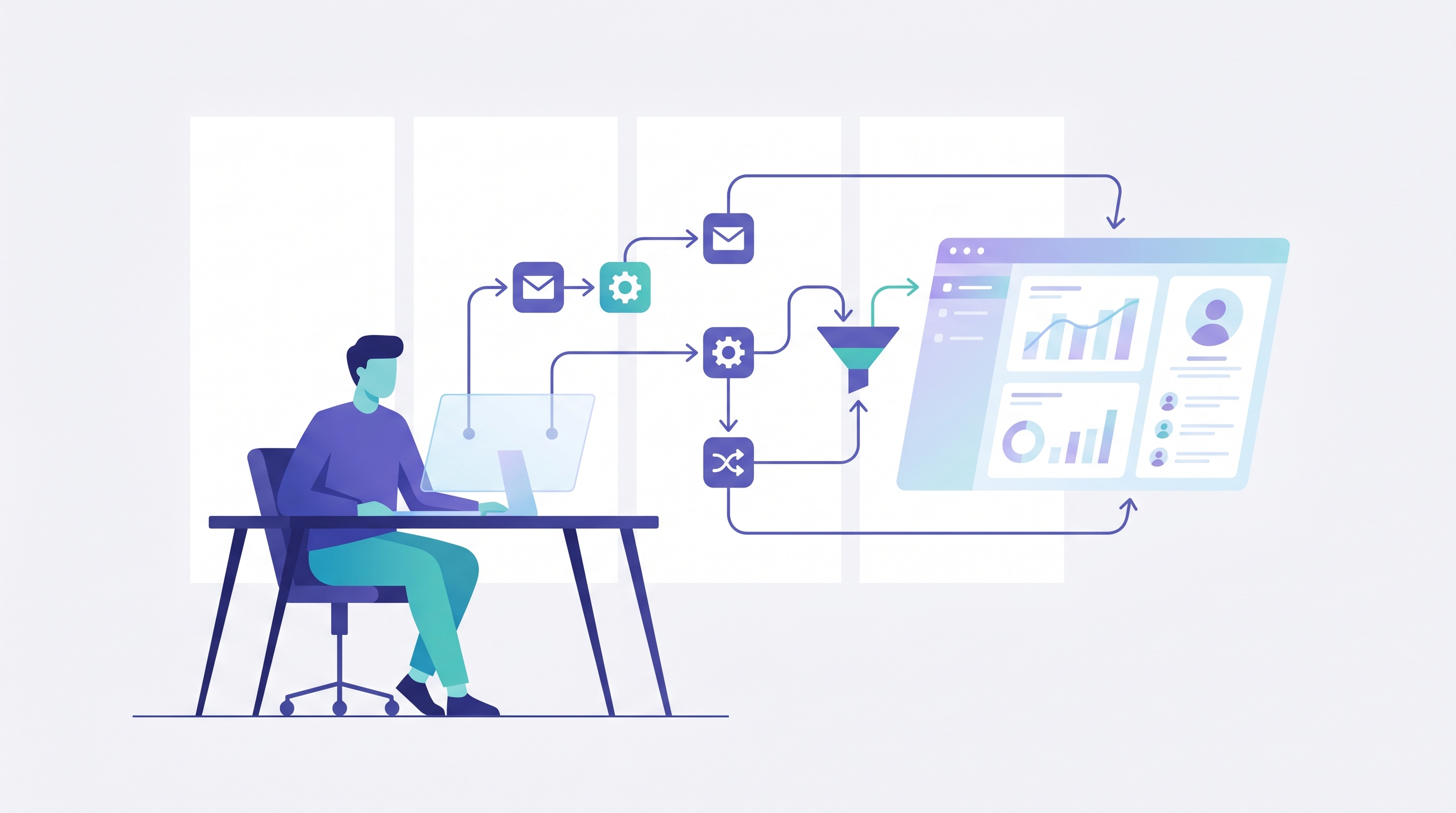 Automated email sequences and lead nurturing running into a CRM, a marketing automation consultant at work